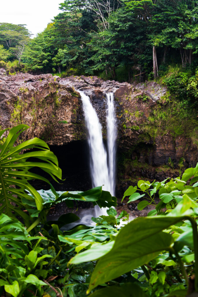 Rainbow Falls in Hilo, Hawaii on an overcast day. A great location for an elopement day picnic