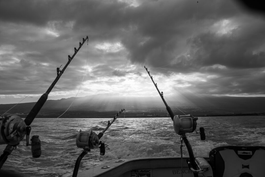 View of Hawaii Island from back of blue marlin fishing boat