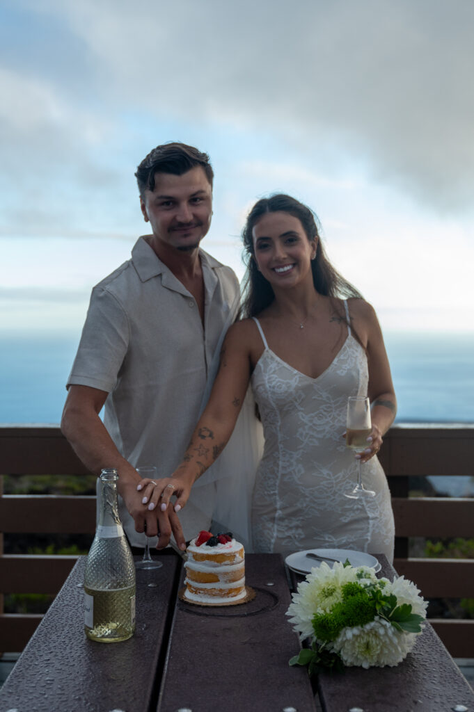 A couple in wedding clothes cuts a small cake in Volcanoes National Park