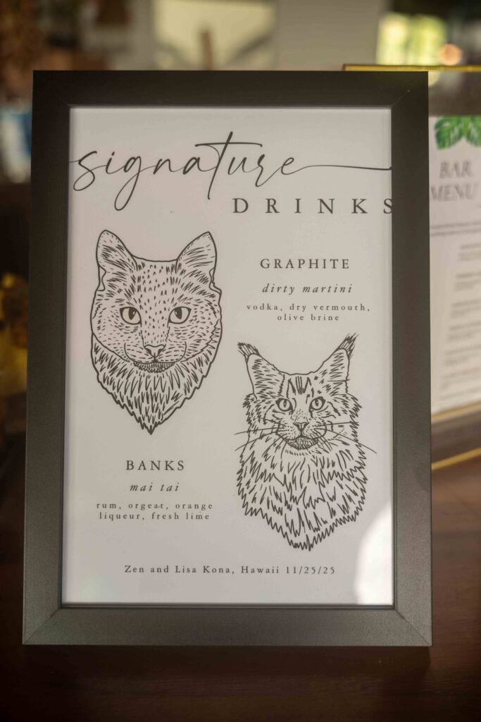 Personalized Signature drink signs at a Papa Kona wedding