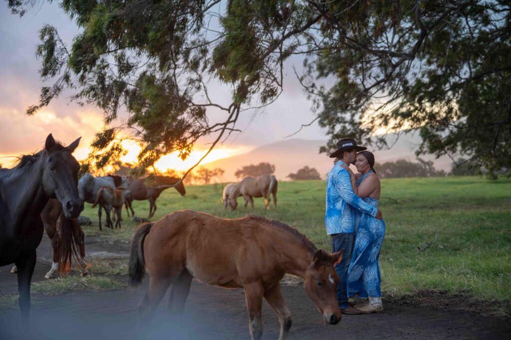 A couple embraces at sunset surrounded by mares and foals.